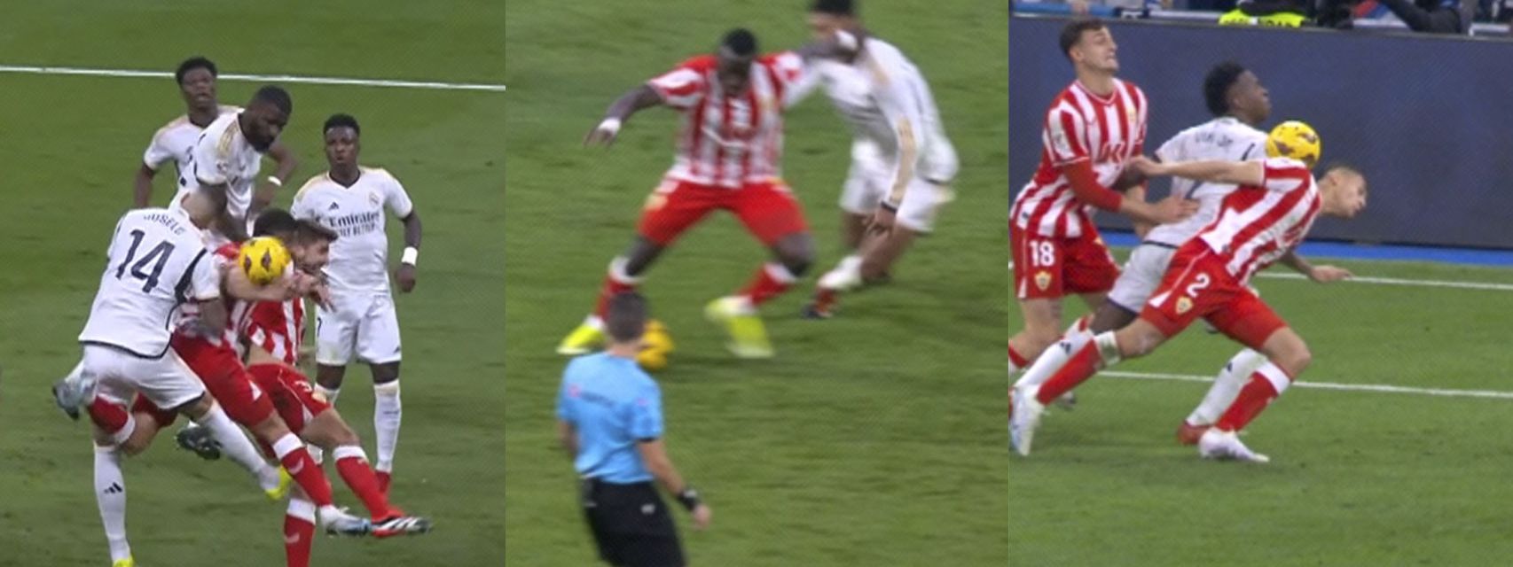 Montaje de tres jugadas del Almería–Real Madrid: la mano de Kaiky, el contacto entre Lopy y Bellingham y el remate de Vinícius.