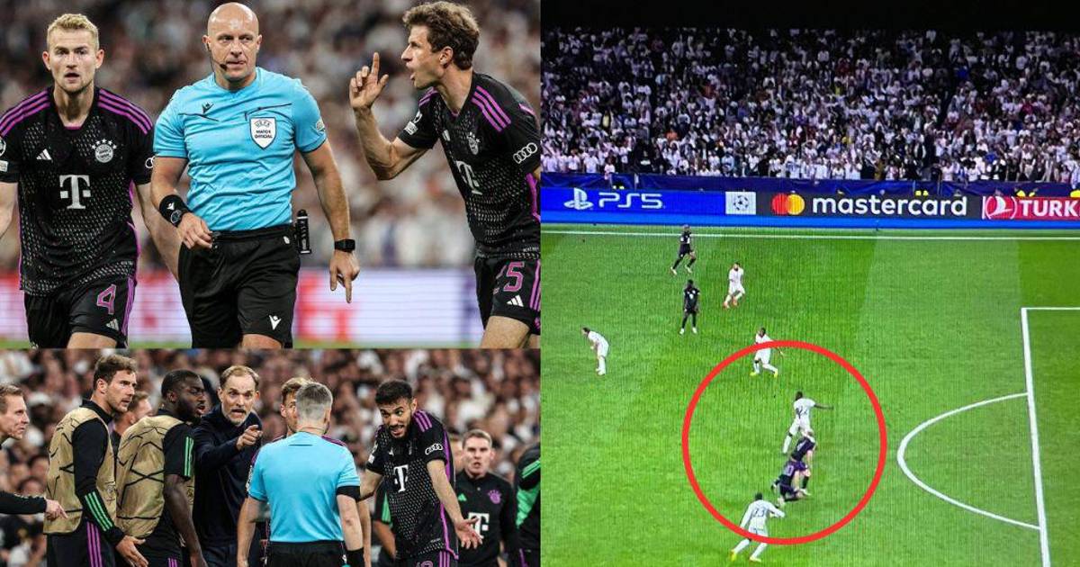 Imagen compuesta de la jugada de De Ligt y la señalización de fuera de juego en el Bayern–Real Madrid.