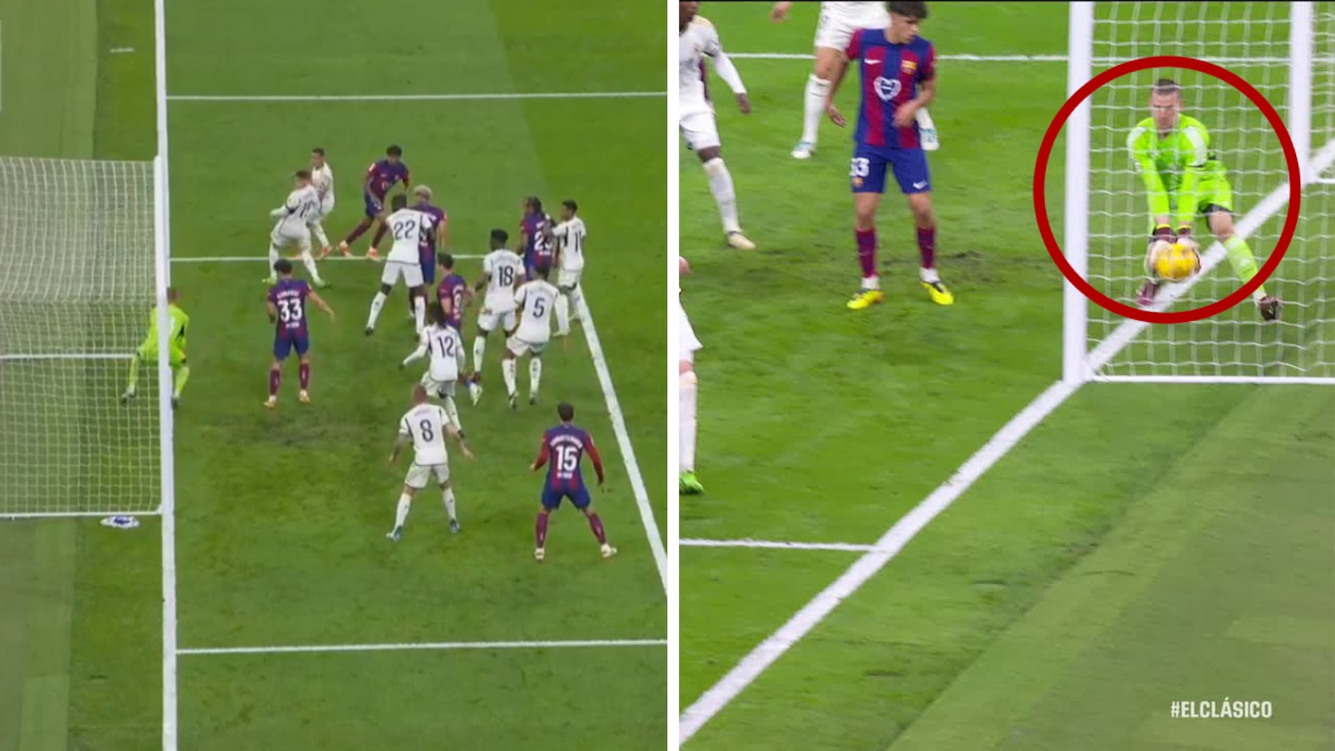 Montaje con el remate de Lamine Yamal y una imagen de la línea de gol durante el Clásico de 2024.