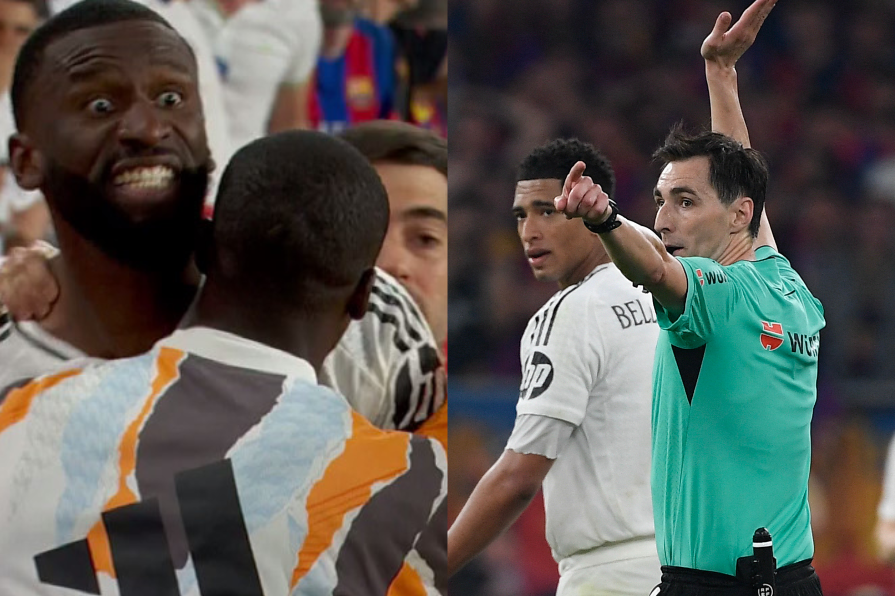 Montaje de El Espectador con Rüdiger durante el altercado a la izquierda y jugadores del Madrid ante el árbitro al término de la final de Copa de 2025 a la derecha.
