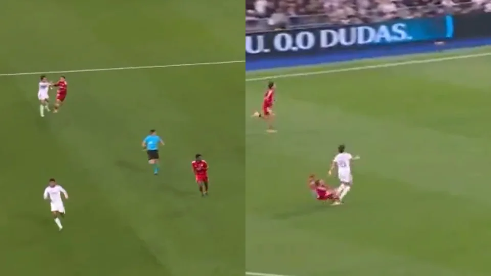 Composición publicada por Gol Caracol: Güler y Peque en carrera a la izquierda, y Peque cayendo al suelo a la derecha.